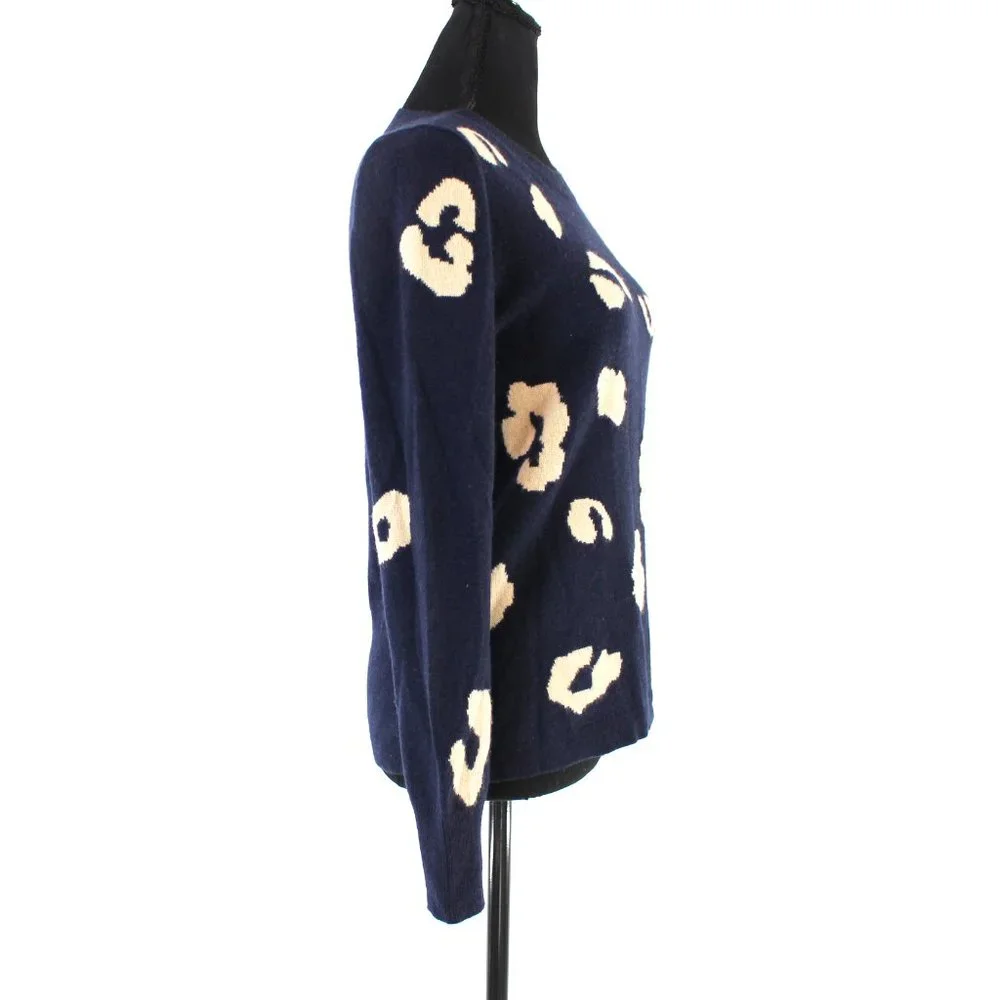 J. Crew Cashmere Everyday Navy Tan Leopard Print Crewneck Sweater XS Pullover